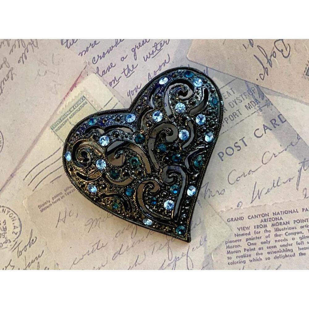 Vintage Dark Metal Openwork Heart Brooch - Blue Rhinestone Filigree Pin